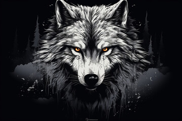 A realistic black and white vector-style face of a wolf against a solid background.