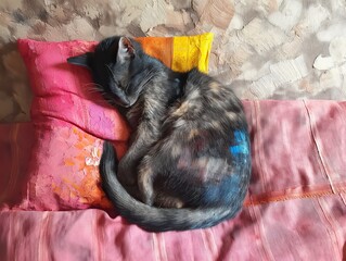 A cat is laying on a pink pillow. The cat is curled up and sleeping
