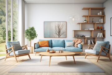 A realistic, HD-captured image of a beautiful sleek modern living room in Scandinavian style, featuring bright colors and clean lines.