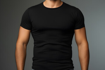 A muscular man in a black t-shirt mock up, viewed from the front isolated on white background