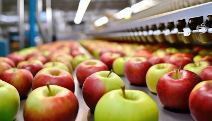 Apples in a food processing facility, clean and fresh, ready for automated packing. Concept for a...