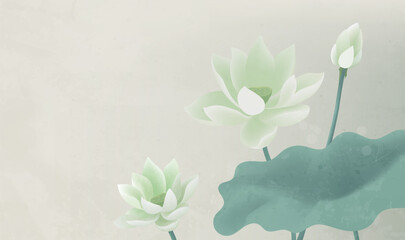 Vector Chinese style green lotus horizontal illustration
