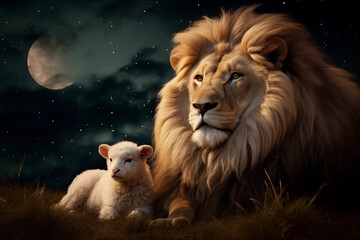 Naklejka premium Lion and Lamb Unite, Reflecting Shared Spiritual Values and the Promise of Universal Peace in Christian and Jewish Traditions. Conceptual for Communion, Trinity, Church, Disciple, Apostle. White lamb