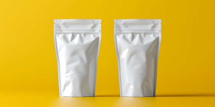 three empty pouch bag or doypack mockup isolated on yellow background