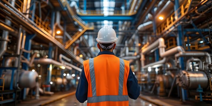 Back View of Man in Protective Vest Visiting Factory: Industrial Safety Inspection