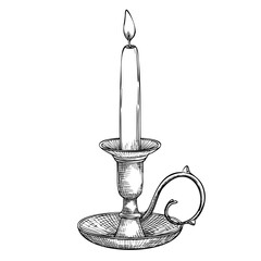 Candle Holder vector illustration. Vintage Candlestick. Old candleholder for painted by black inks in etching style. Drawing of antique lamp with candlelight for icon or logo. Vintage engraving.