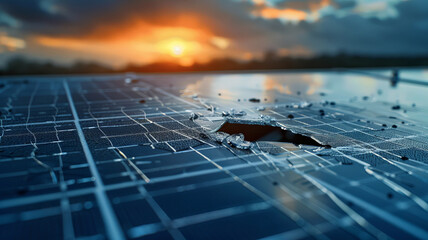 Damaged Solar Panels in Field Under Stormy Sky with Lightning. Concept of the impact of natural disasters on modern energy.