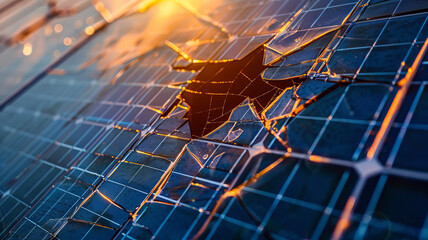 Shattered Solar Panel On A Sunny Day: Renewable Energy Challenges. Concept of the impact of natural disasters on modern energy. - obrazy, fototapety, plakaty