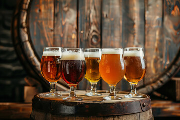 Craft Beer Tasting Flight with Various Ales in Front of Wooden Barrel - obrazy, fototapety, plakaty