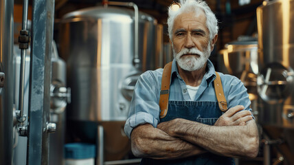 Confident Senior Brewmaster Standing in His Craft Brewery - obrazy, fototapety, plakaty