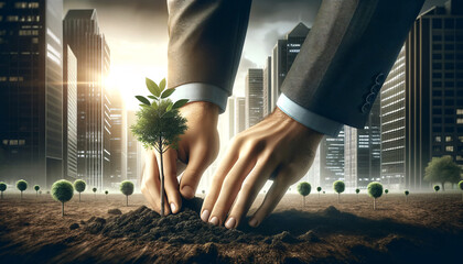 Corporate Responsibility: Businessman Planting Tree in Urban Area - obrazy, fototapety, plakaty