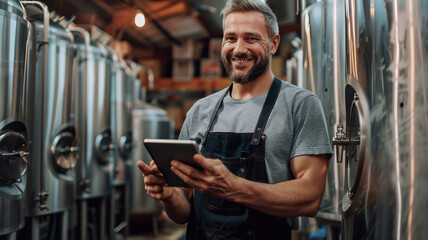 Brewmaster Happy man in apron hold tablet computer on background Craft Beer Production at Brewery.