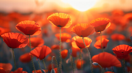 poppy fields in sunset sky with sunlight, blurred background - obrazy, fototapety, plakaty