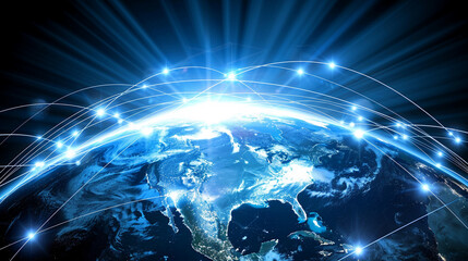Obraz premium Global network connectivity illuminating Earth from space. Internet worldwide technology
