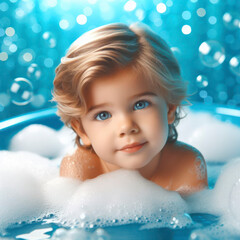 Fototapeta na wymiar little boy in bath with foam and bubbles blue bright background
