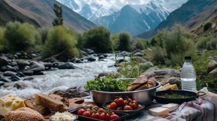 Mountain Picnic: Enjoying food amidst stunning alpine scenery