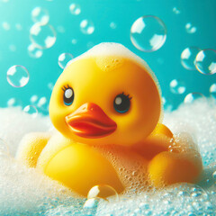 yellow duck in bath with foam and bubbles blue bright background