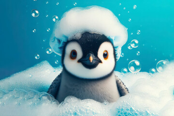 real penguin in bath with foam and bubbles blue bright background
