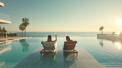 Two women are sitting on lounge chairs by a pool, one of them holding a wine glass. The scene is relaxing and leisurely, with the ocean in the background and the sun shining down on the pool