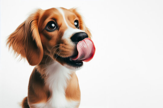Portrait hungry and funny cute dog licking it lips with tongue on white background