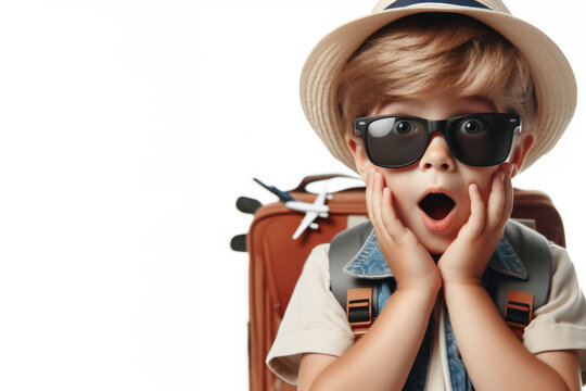Surprised little boy in a cap and sunglasses tourist on a white background