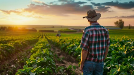 Farmer overlooking his fields at sunset, background images of modern farmers, horizontal banner...