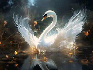 Naklejka premium A magnificent swan spreads its grand wings on a tranquil water surface surrounded by a mystical, softly lit ambiance with floating leaves