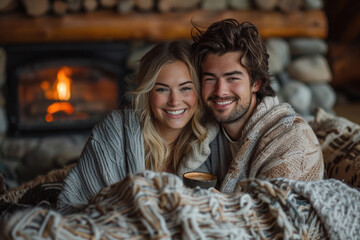 A young couple relaxes in a cozy cabin, enjoying the peace and quiet of nature