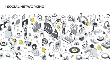 Social networking isometric illustration. People connect, communicate, interact online via platforms. They create profiles, share content, engage with others through comments, likes, and messages - obrazy, fototapety, plakaty