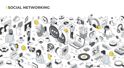 Poster Social networking isometric illustration. People connect, communicate, interact online via platforms. They create profiles, share content, engage with others through comments, likes, and messages © Rassco
