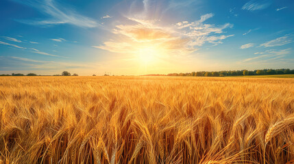 detailed and vibrant image of a vast wheat field, capturing the essence of a serene and bountiful harvest season. The field should be sprawling and golden, with tall stalks of wheat gently swaying und - obrazy, fototapety, plakaty