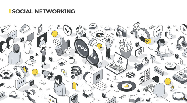 Social networking isometric illustration. People connect, communicate, interact online via platforms. They create profiles, share content, engage with others through comments, likes, and messages