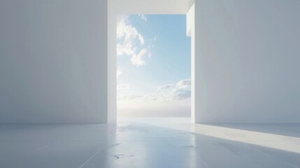 A vast, empty white space with a tiny portal in the corner revealing a glimpse of a vibrant world.