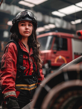 A young female firefighter in full gear poses confidently with a fire truck in the background, evoking readiness and courage