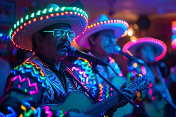 Mexican musicians Mariachi at party.