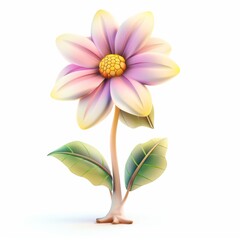 Fototapeta premium One pink flower on the stem and leaves, delicate color, pastel colors, 3d, Cartoon style.