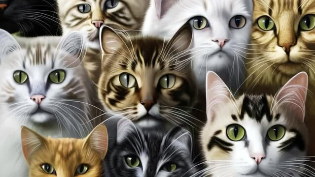 Cats portraits, kitten faces collage collection, many cat’s muzzle of different breeds, Generative AI