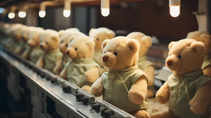 Obraz premium Teddy bears lined up on a factory conveyor belt