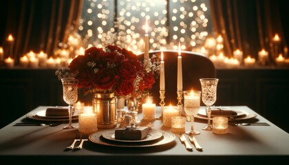 Romantic Valentine's Day Dinner Setup for Two with Twinkling Lights Backdrop