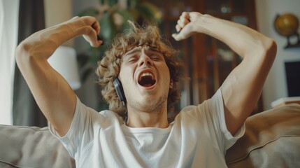 A man on a couch with his hands up and talking into the phone, AI