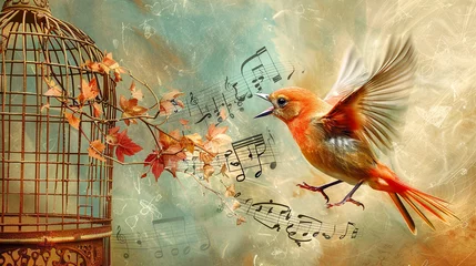 Foto op Plexiglas A whimsical bird escaping its cage, with a trail of musical notes, singing the song of freedom. © weerasak