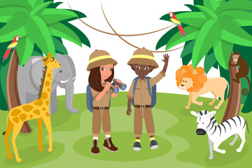 Naklejka premium Flat Vector Illustration of Jungle Explorers, Happy Kids Exploring Nature