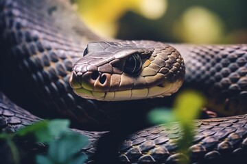 Fototapeta premium Colorful snake python cobra viper forest hiding waiting for prey rainforest jungle untouched nature predator venomous venom dangerous wildlife poisonous animal skin tail creepy african exotic species