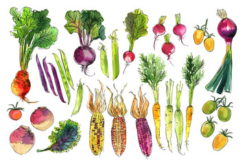 Vegetables food illustrations. Watercolor and ink sketches. Beets, onions, carrots, corn, rutabaga, tomatoes, beans - 779908565