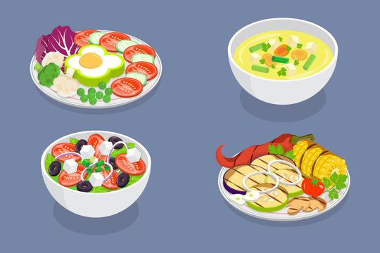 3D Isometric Flat Vector Set of Vegetarian Dishes, Fresh, Natural and Healthy Food