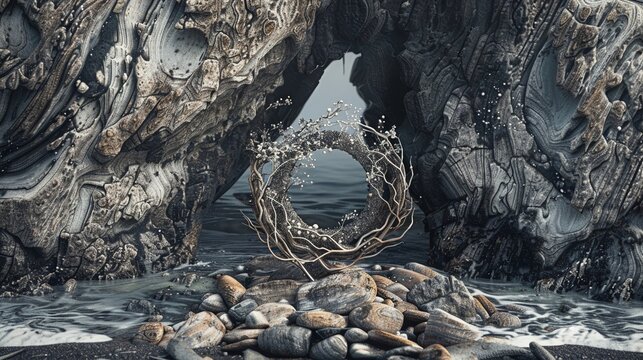 A striking digital logo, created by a man immersed in his work, features elements of cute, whimsy, and luxury on a canvas of driftwood and rocks, 