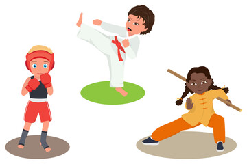 Flat Vector Illustration of Martial Arts Kids, Training Children Wearing Kimono