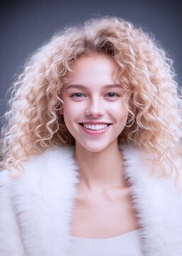illustrazione di giovane sorridente dai capelli ricci biondi in elegante pelliccia bianca