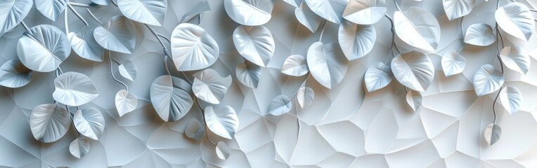Geometric Floral Leaves on White Tiles: Generative AI Textured Wall Background for Banner Panorama
