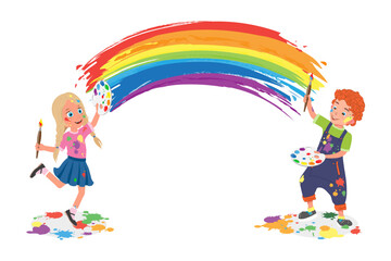 Flat Vector Illustration of Funny Kids, Happy Little Artists Painting a Rainbow